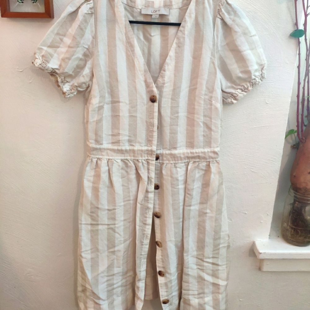 LOFT Striped Beige Linen Midi Dress